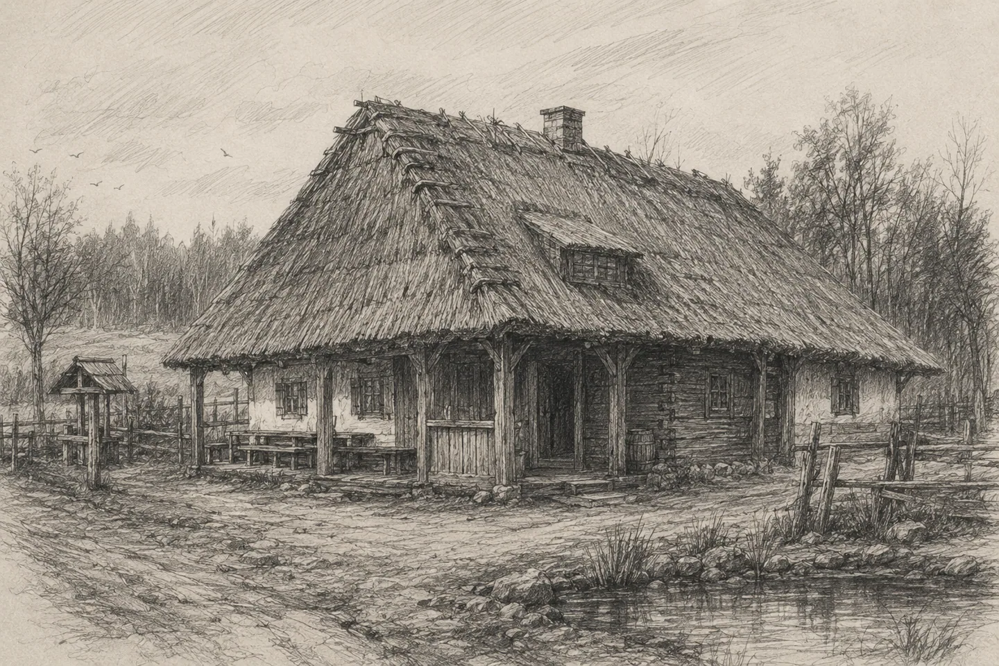 The shared interior of the Guest Barn in Kuraszewo.